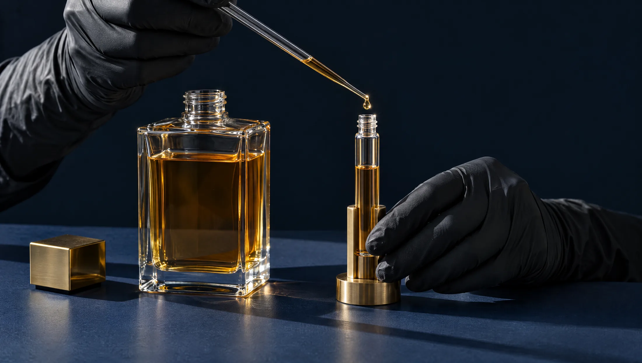 Manos con guantes pasando perfume con una pipeta a un atomizador de 10 ml