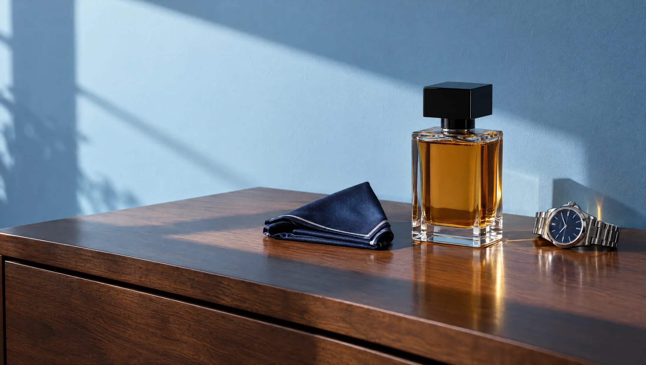 Un frasco de perfume sobre una cómoda de madera junto a un reloj