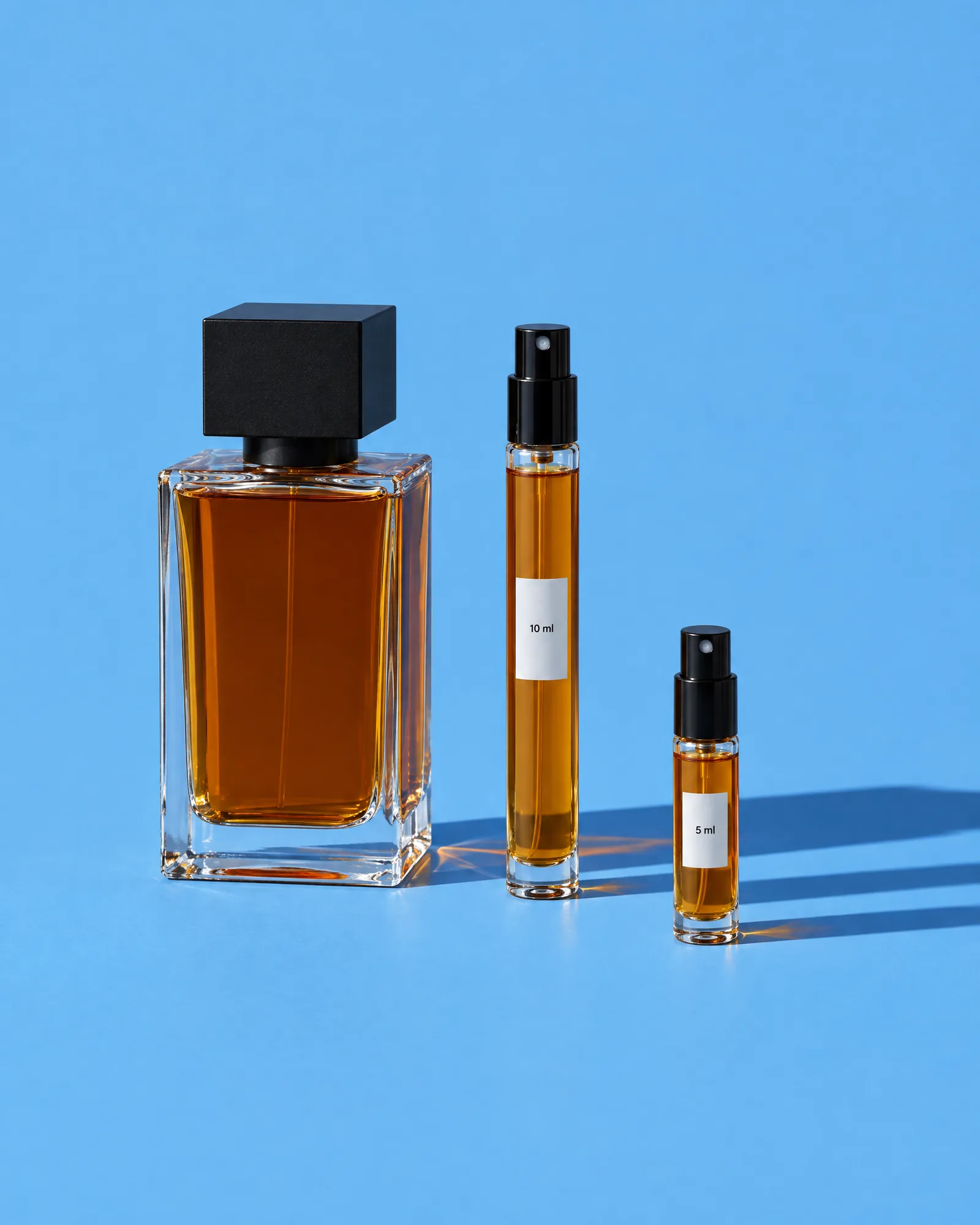 Un frasco de 100 ml junto a un decant de 10 ml y otro de 5 ml
